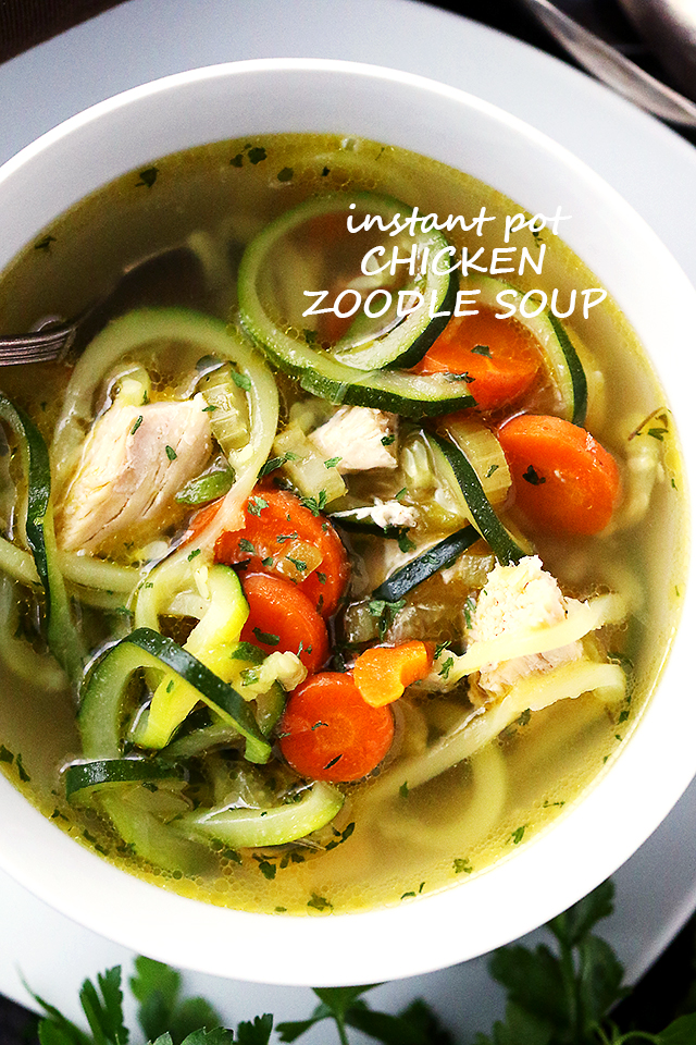 Chicken And spiralized zucchini in a soup bowl with carrots