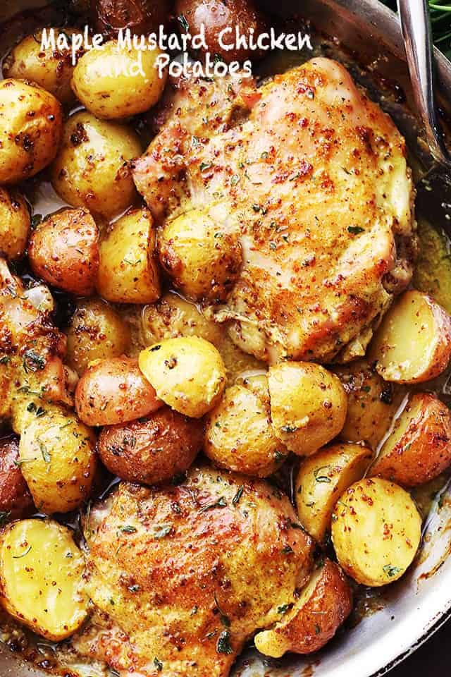 mustard chicken, one pan chicken, meat and potatoes, maple syrup