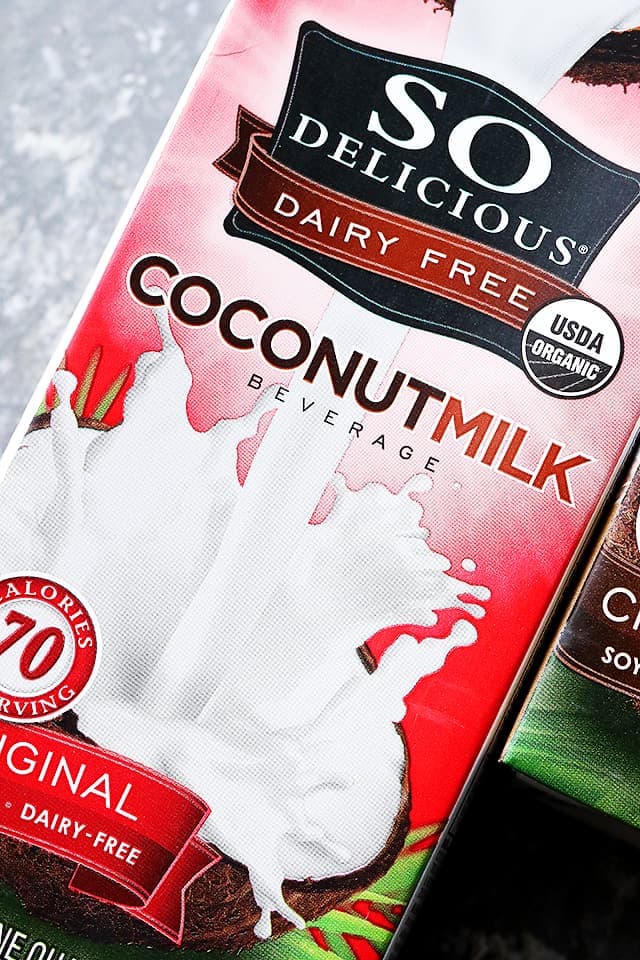 Close up of a carton of SO Delicious Coconut Milk.