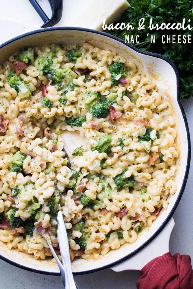 Broccoli Bacon Macaroni and Cheese in a white large saucepan