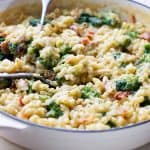 Broccoli bacon mac and cheese in a large skillet.