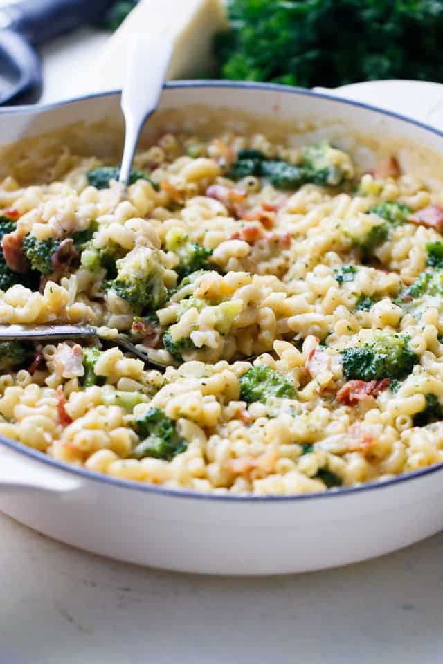 Broccoli Bacon Macaroni and Cheese - Homemade mac 'n cheese loaded with broccoli, a sprinkle of bacon, and lots of cheesy flavor. 