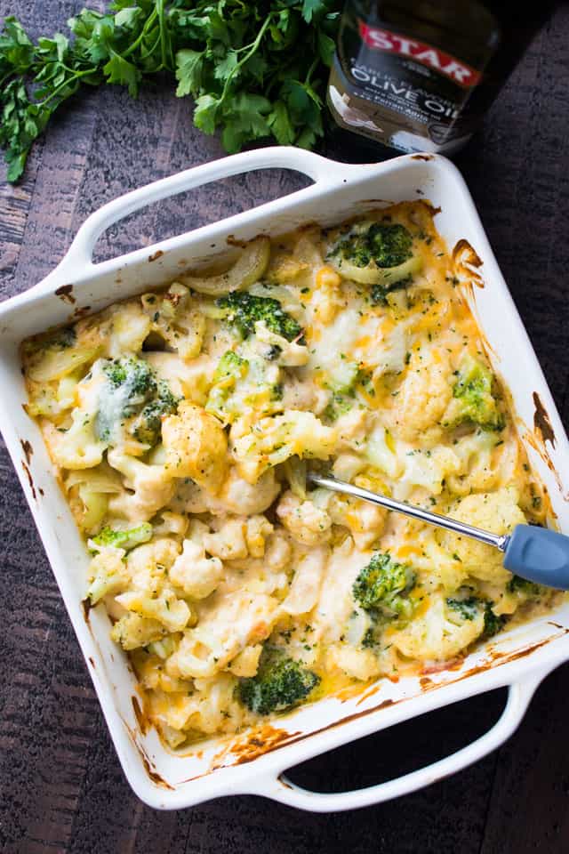 Overhead shot of a Cheesy Cauliflower Broccoli Bake.