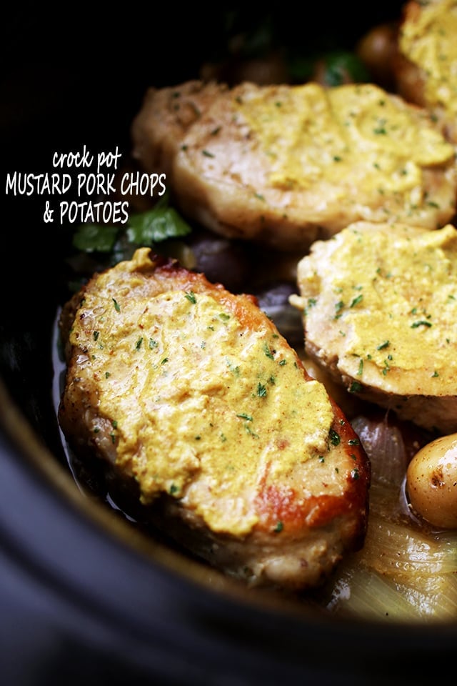 Crock Pot Mustard Pork Chops and Potatoes - Easy crock pot dinner with juicy pork chops and tender potatoes prepared in a delicious mustard sauce. 