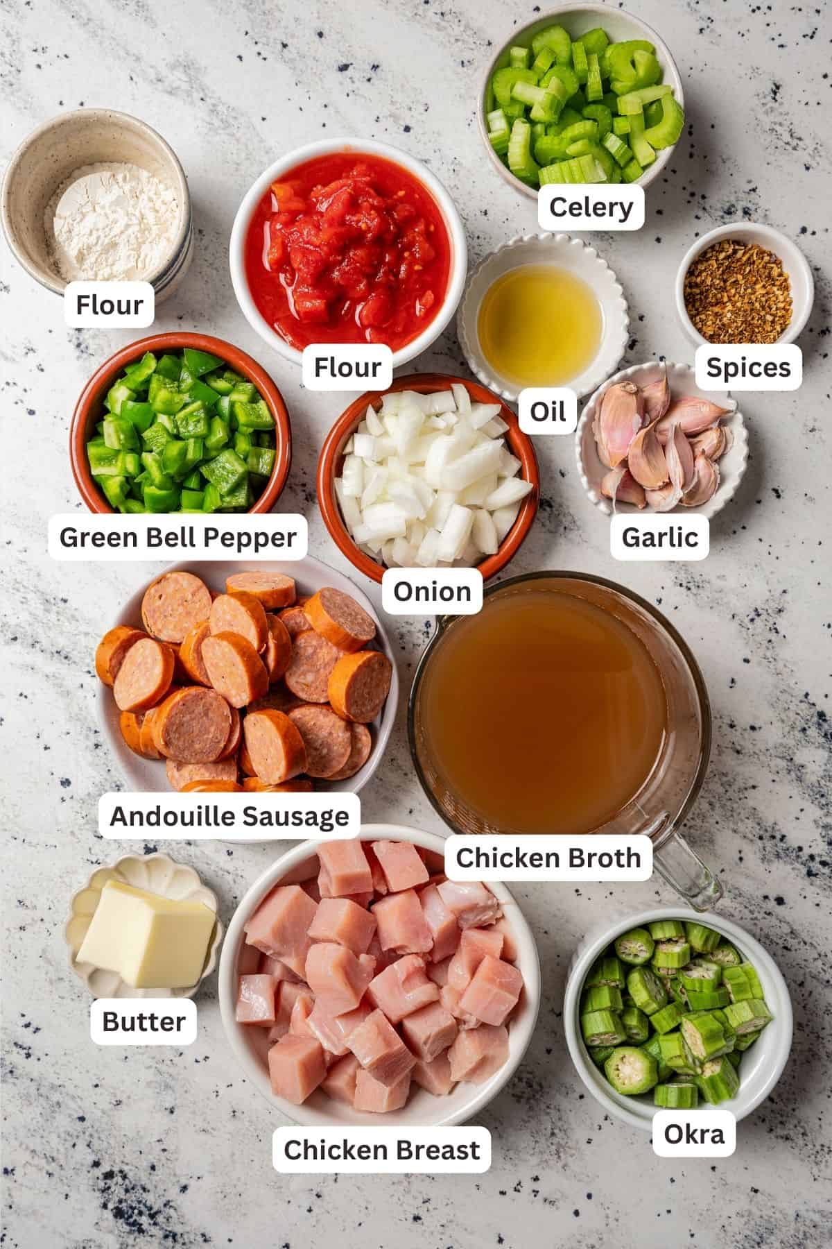 Chicken and sausage gumbo ingredients with text labels overlaying each ingredient.