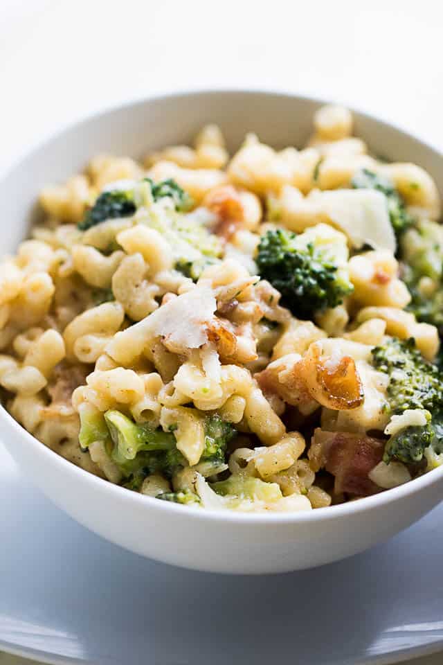 Broccoli Bacon Macaroni and Cheese - Homemade mac 'n cheese loaded with broccoli, a sprinkle of bacon, and lots of cheesy flavor. 