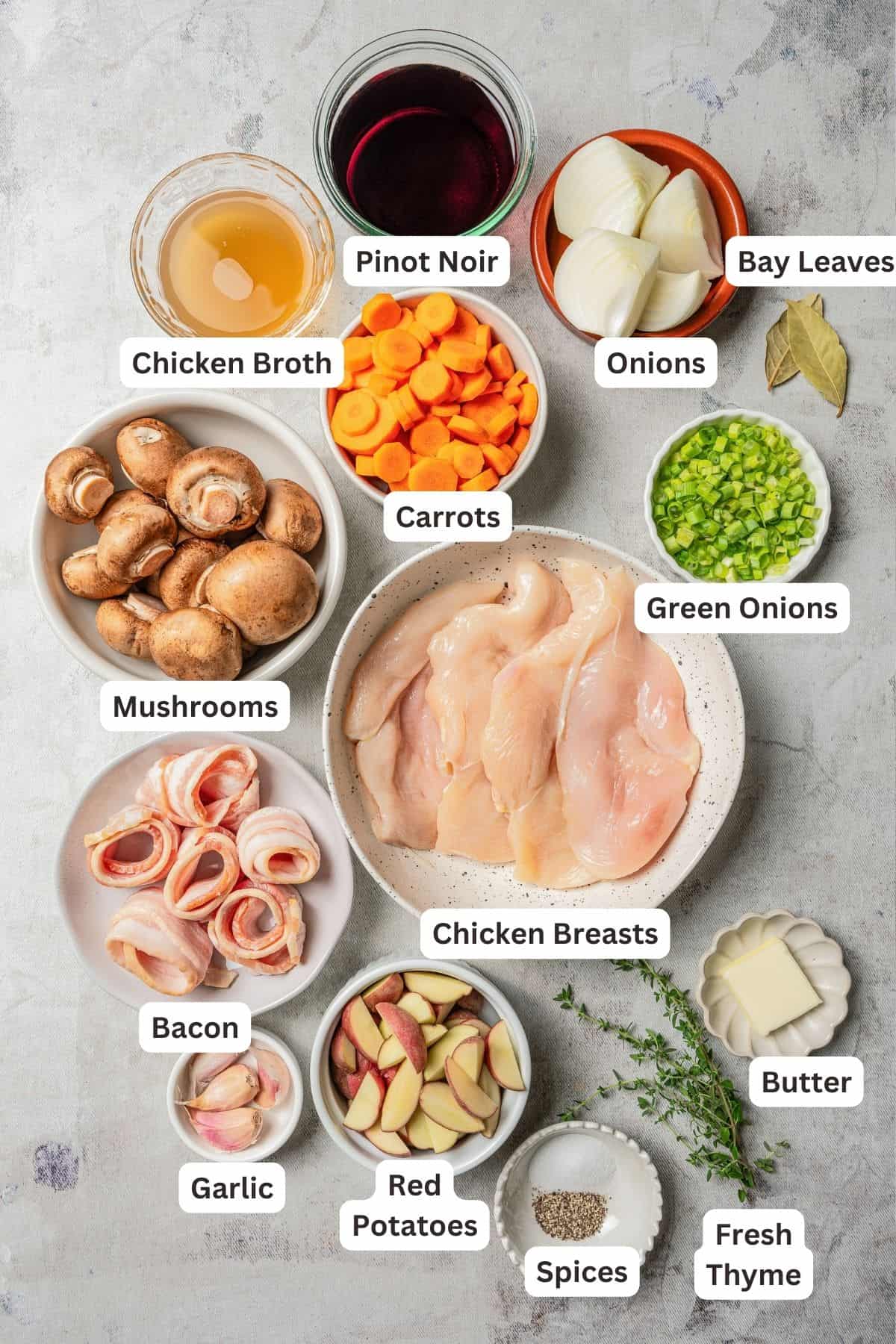 Ingredients for slow cooker coq au vin with text labels overlaying each ingredient.