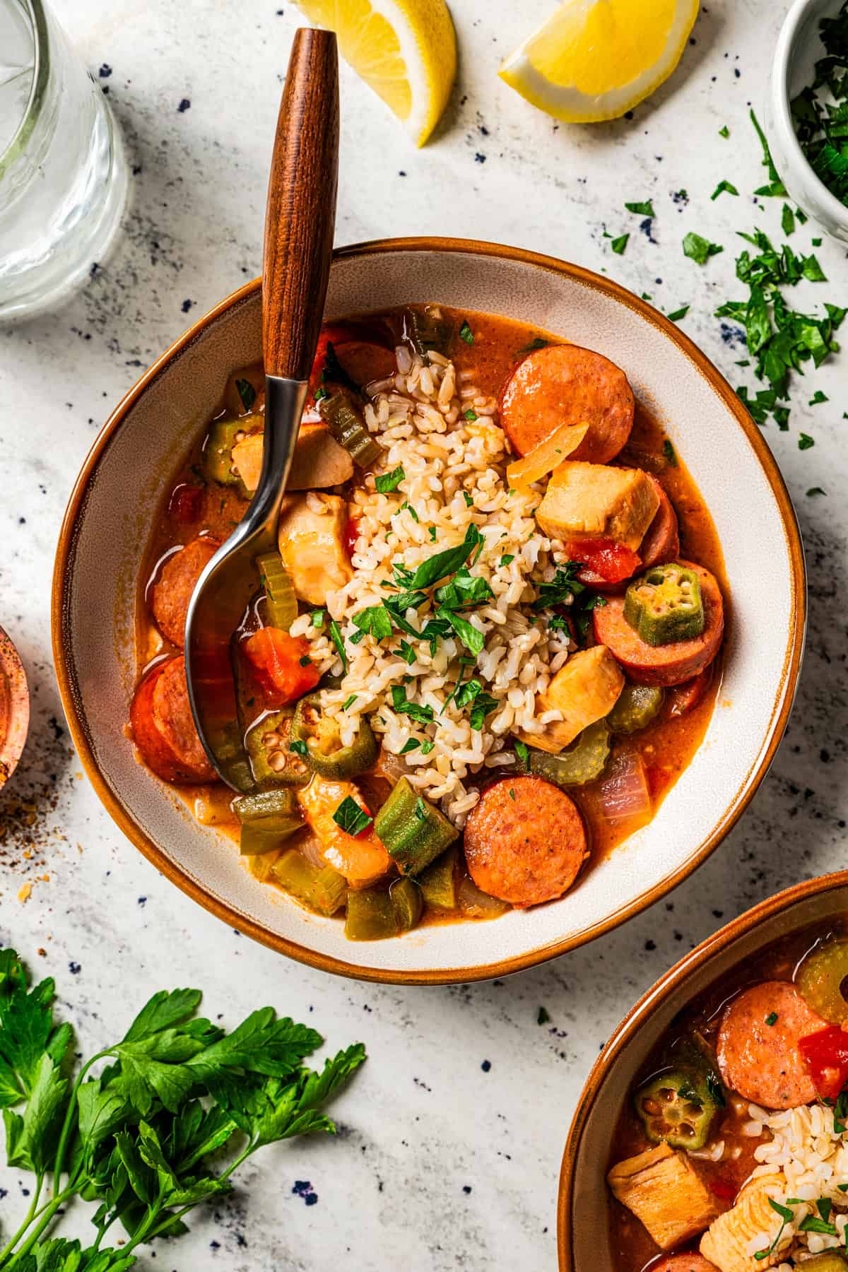 Overhead view of a bowl of chicken and sausage gumbo with a spoon.