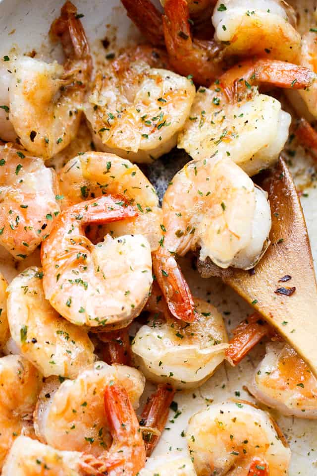 Image of cooked shrimp in a skillet.