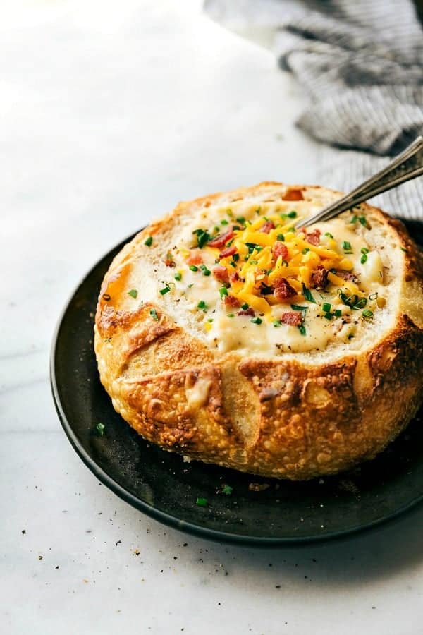 Loaded potato and bacon soup in a bread bowl
