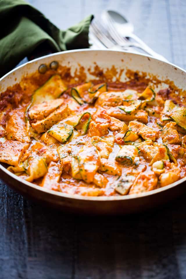 Vodka Sauce Chicken Zucchini Noodles in a skillet