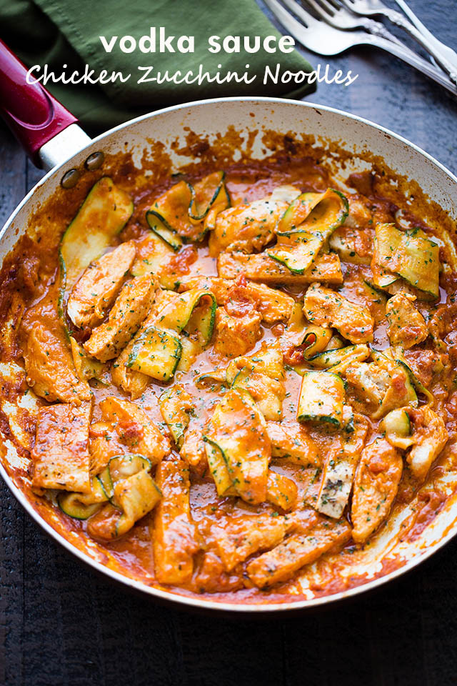 Overhead view of Vodka Sauce Chicken Zucchini Noodles in a skillet