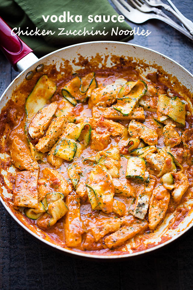 Vodka Sauce Chicken Zucchini Noodles - Easy, quick, but SO delicious Zucchini Noodles and Chicken tossed with homemade Vodka Sauce.