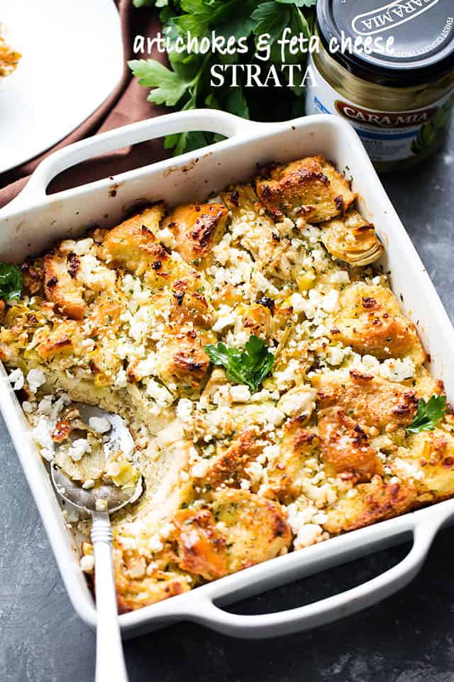 Artichokes and Feta Cheese Strata - An amazing brunch or breakfast layered casserole with day-old bread, artichokes, and feta cheese.