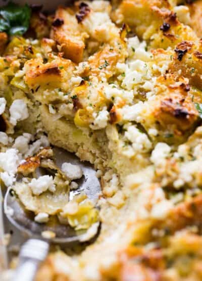 Artichokes and Feta Cheese Strata - An amazing brunch or breakfast layered casserole with day-old bread, artichokes, and feta cheese.