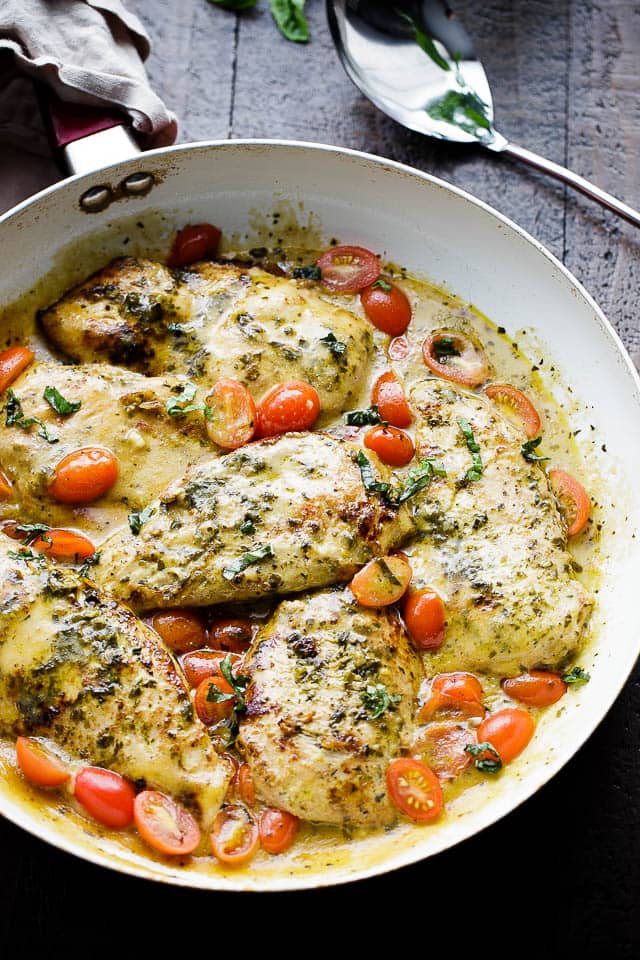 Chicken breasts in a creamy sauce made with basil pesto and evaporated milk. 