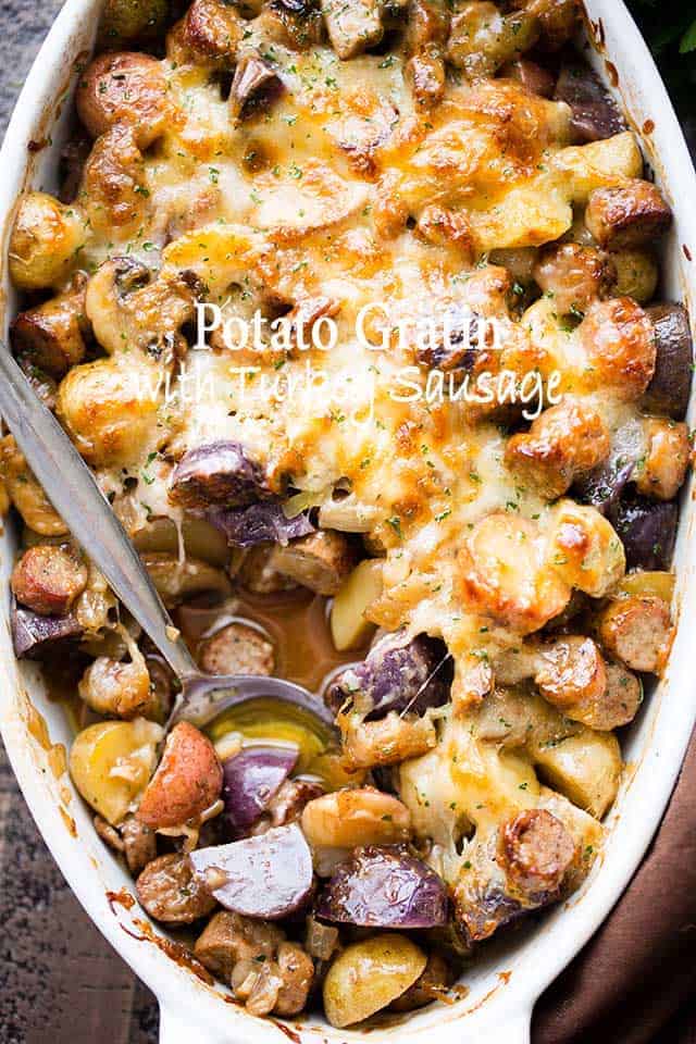 Cheesy Potato Gratin Recipe with Turkey Sausage & Mushrooms