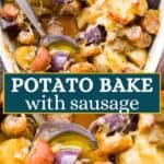 Potato bake with sausage long Pinterest image.