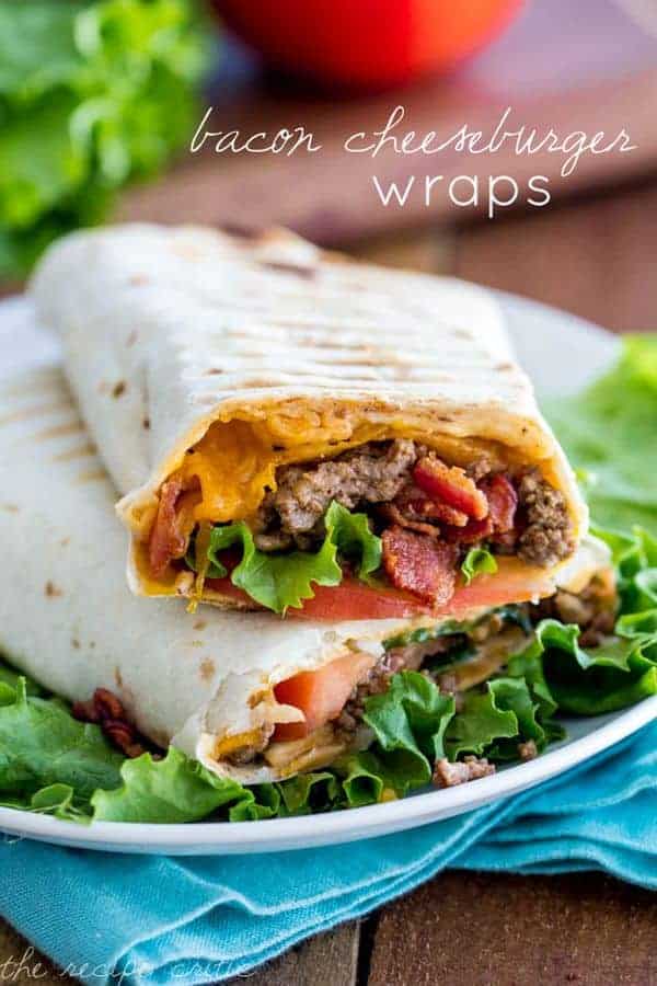 Bacon Cheeseburger Wrap halves stacked on a plate
