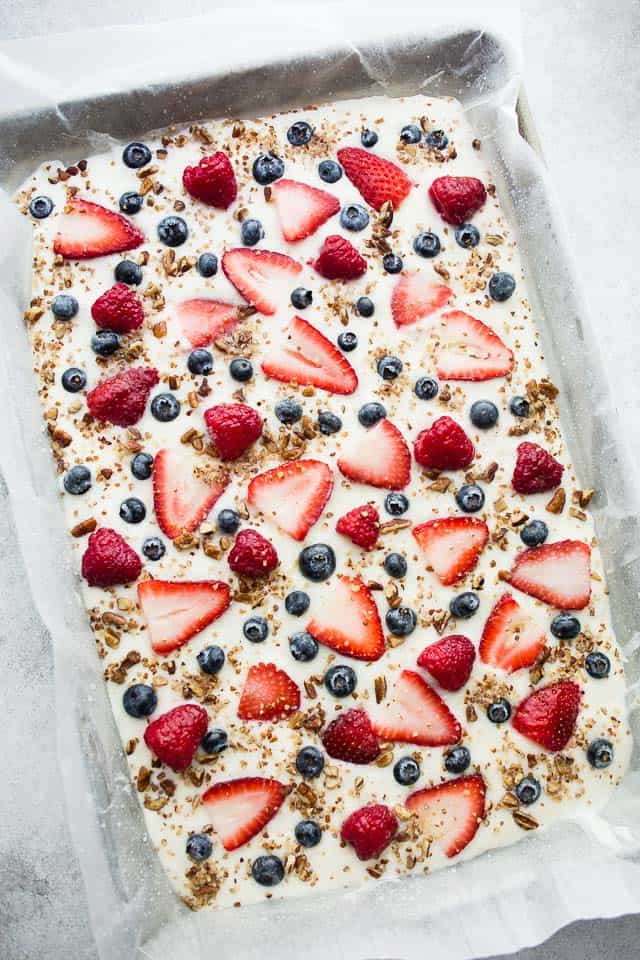 Frozen Yogurt Bark with Berries - Frozen yogurt studded with gorgeous blue and red berries! Delicious, fun, and healthy dessert!