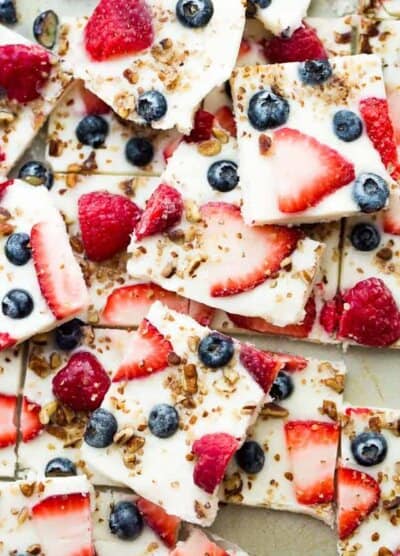 Frozen Yogurt Bark with Berries - Frozen yogurt studded with gorgeous blue and red berries! A delicious, fun, and healthy dessert!