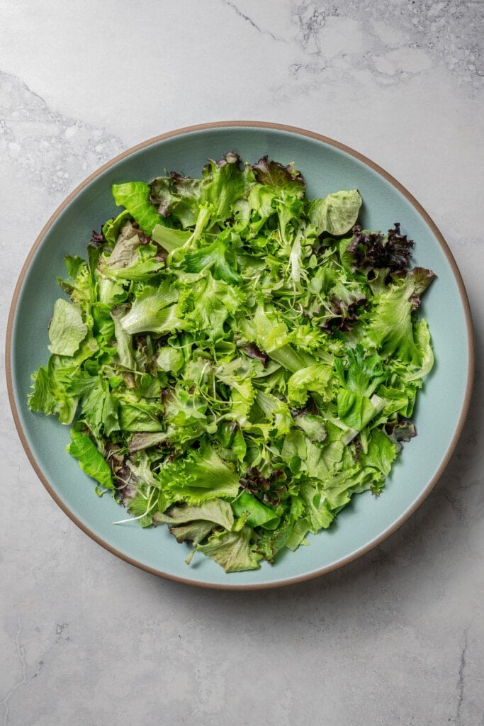 Salad greens in a large blue salad bowl.