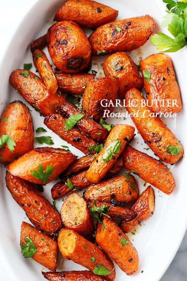 Garlic Butter Roasted Carrots in a serving bowl