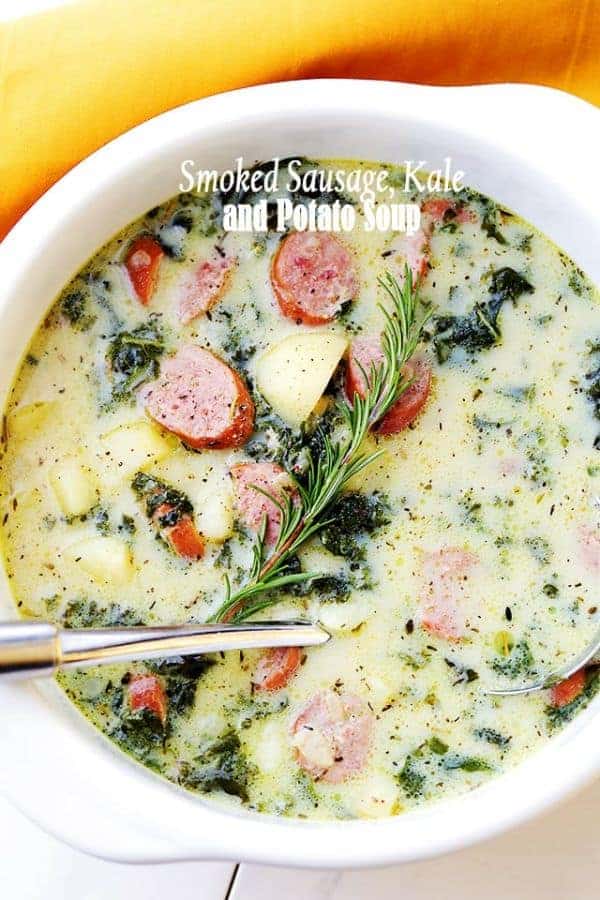 Creamy smoked sausage, kale and potato soup in a bowl