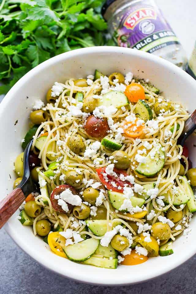 Spaghetti Salad Recipe - Packed with fresh summer veggies, olives, and feta cheese, this delicious spaghetti salad is perfect for all your summer picnics, potlucks, and parties!