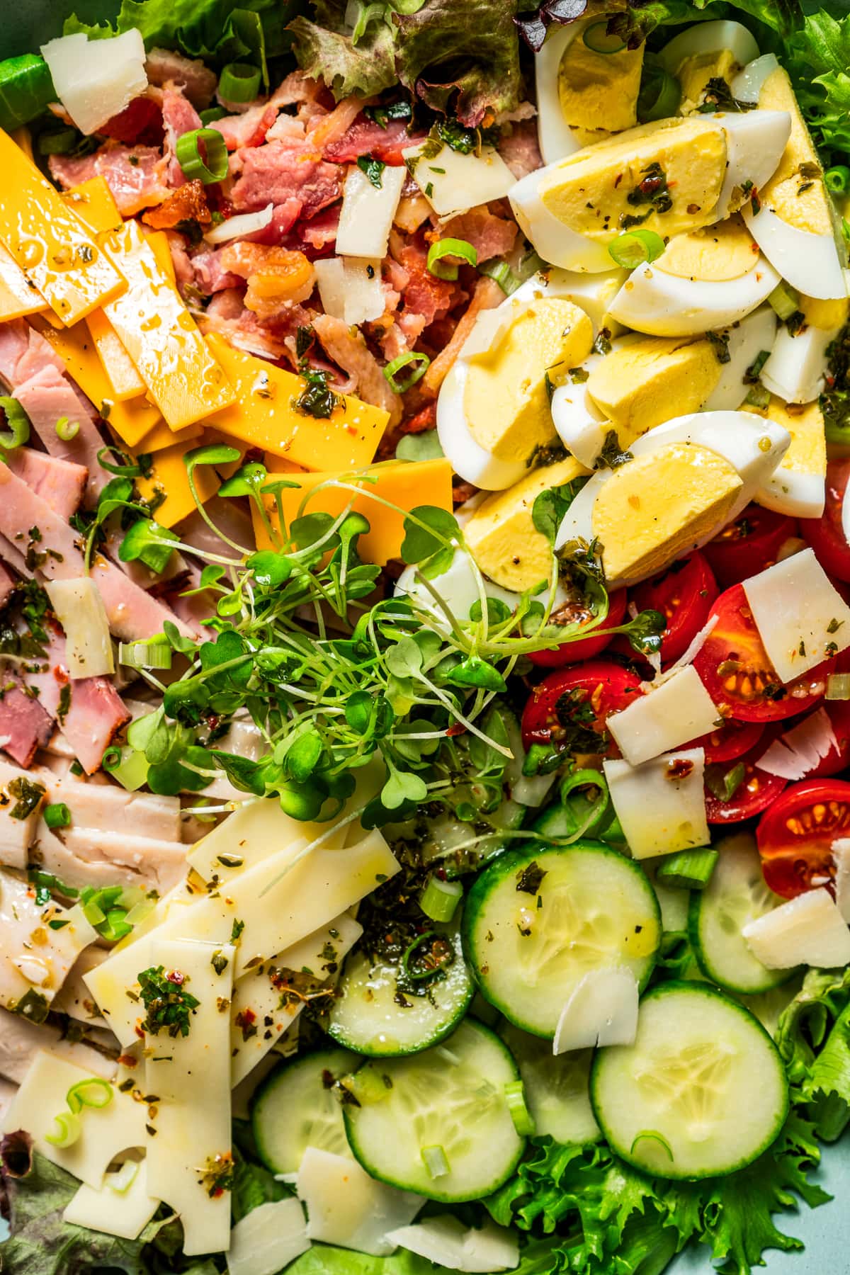 Close up of a chef salad topped with meats, cheeses, veggies, and microgreens.