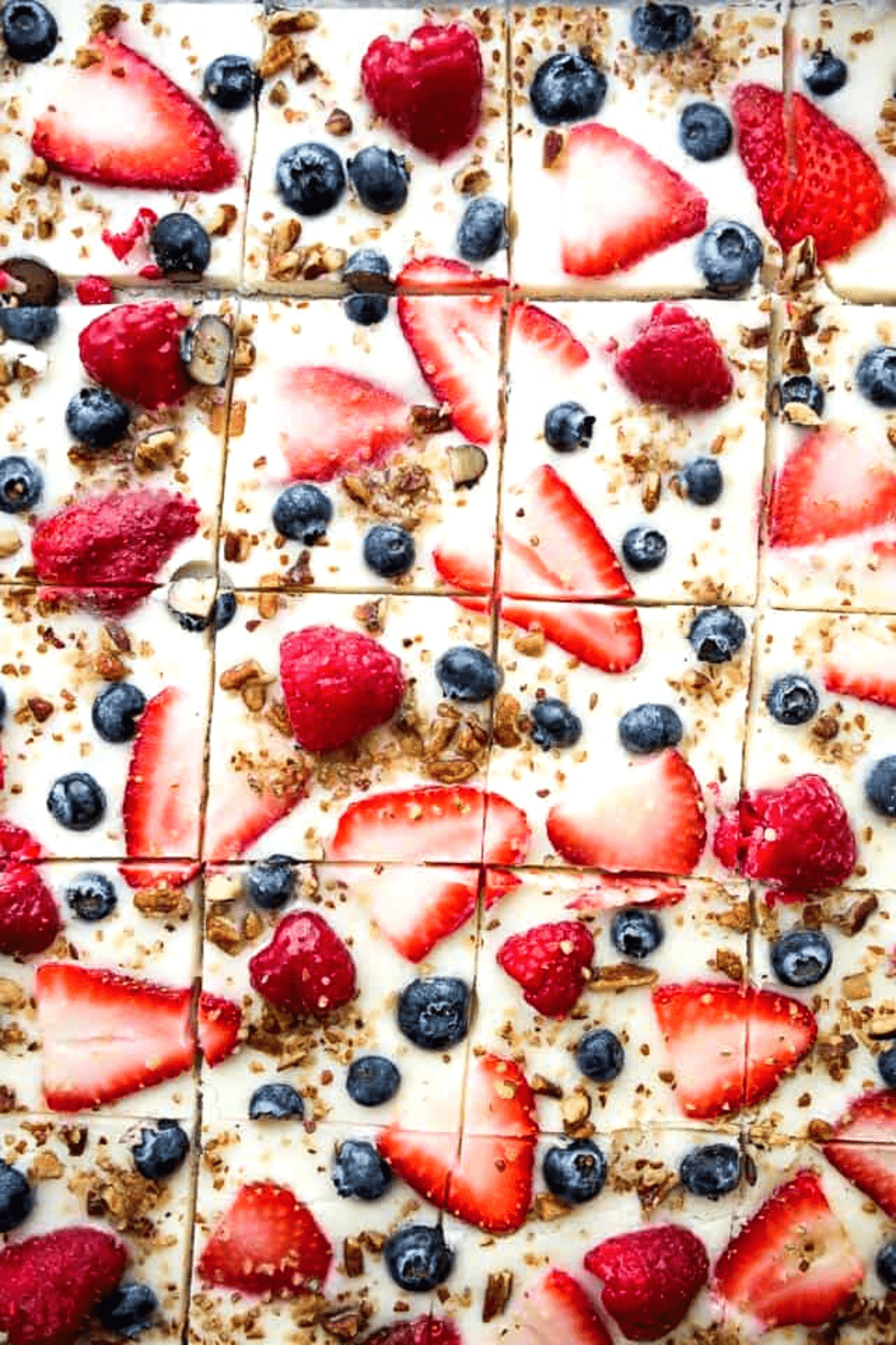 Frozen yogurt topped with blue and red berries and broken into squares.