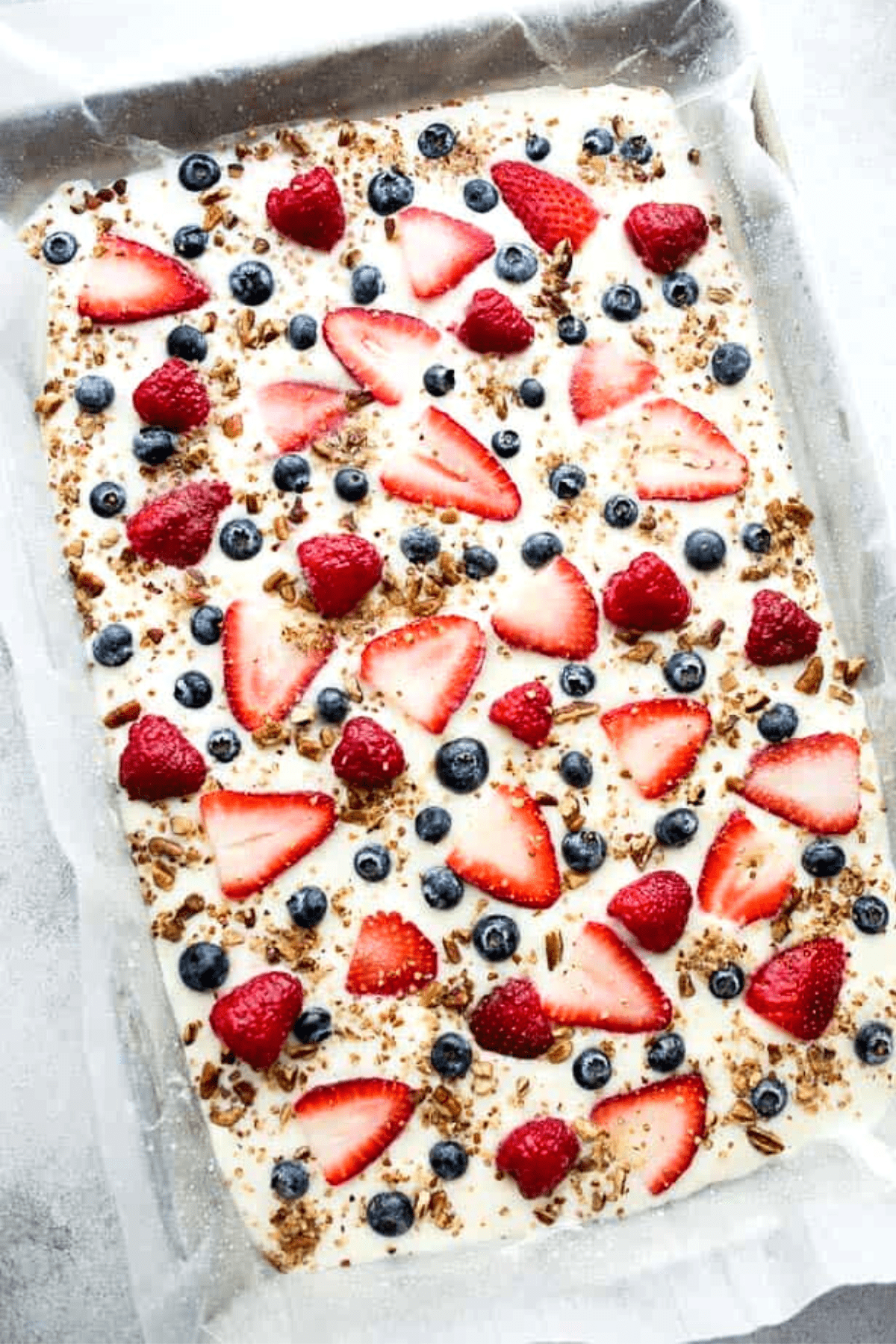 Frozen yogurt topped with blue and red berries.