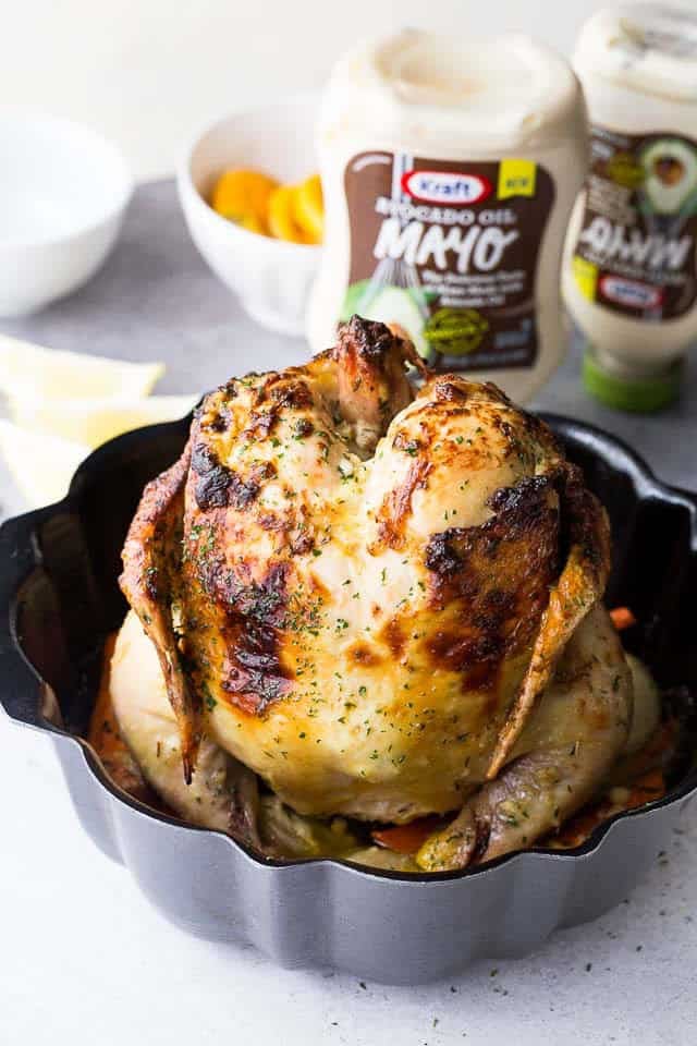 This bundt pan chicken recipe is an easy way to roast a whole chicken with a side of vegetables! Juicy & flavorful with golden, crispy skin. A whole roasted chicken in a bundt pan.