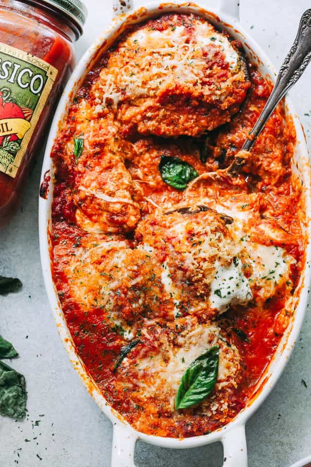 Eggplant Parmesan in a baking dish.
