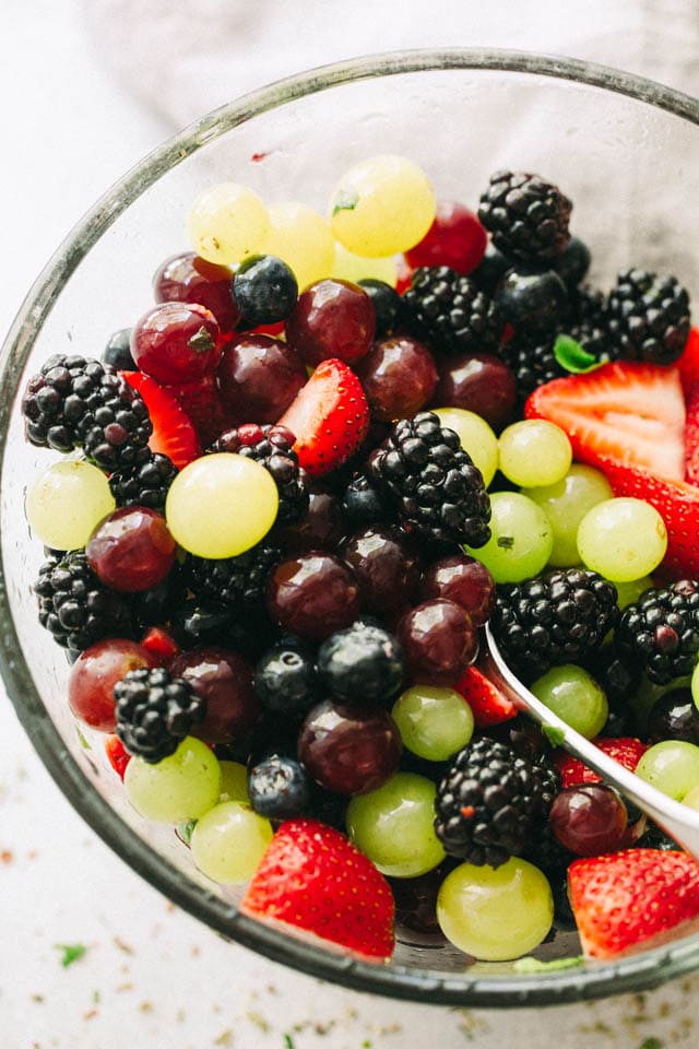 Moscato Fruit Salad in a glass salad bowl