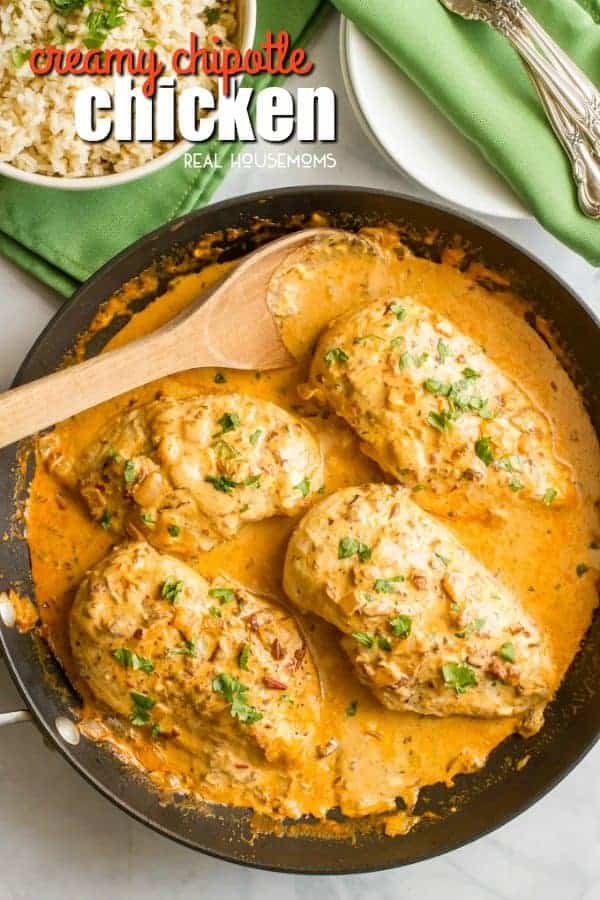 Top view of Creamy Chipotle Chicken in a skillet with creamy chipotle sauce