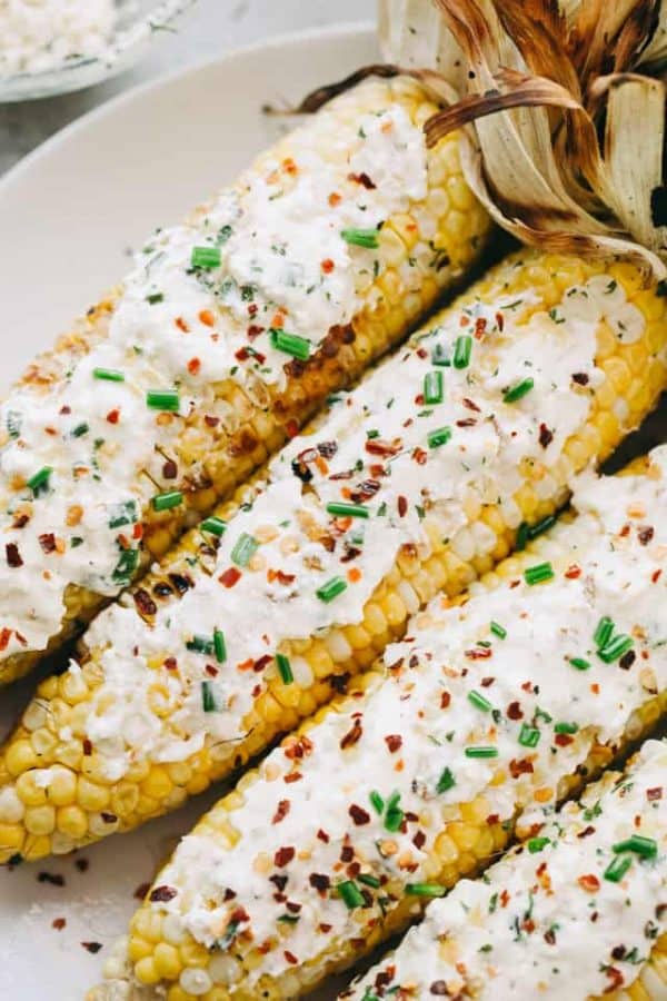 Grilled Corn with Feta Cheese and Chives Butter | Corn on the Cob Recipe