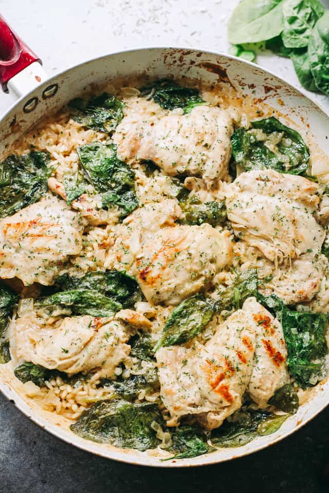 One Pot Ranch Chicken and Rice - Easy, quick, and delicious ranch flavored chicken cooked in one pot with rice and spinach.
