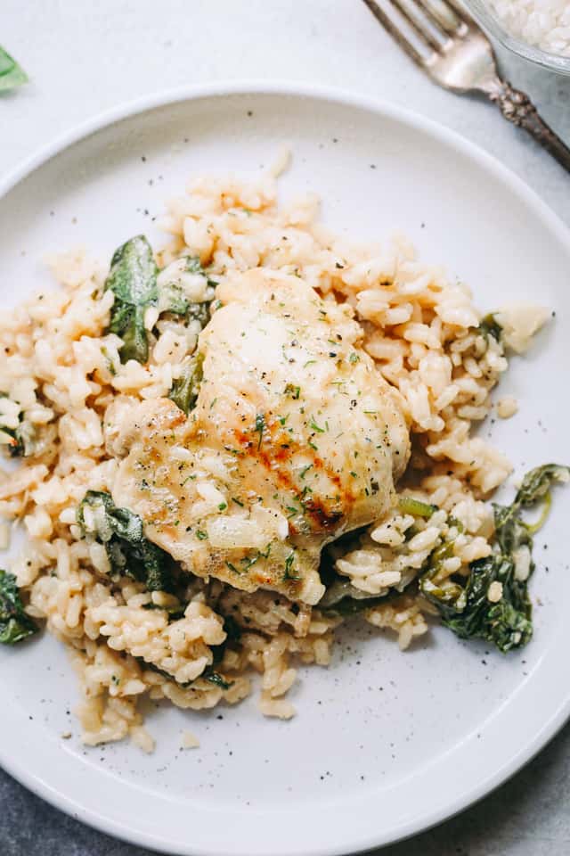 One Pot Ranch Chicken and Rice - Easy, quick, and delicious ranch flavored chicken cooked in one pot with rice and spinach.