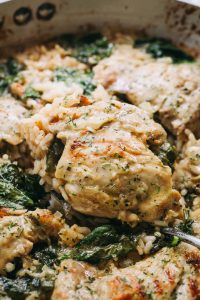One Pot Ranch Chicken and Rice - Easy, quick, and delicious ranch flavored chicken cooked in one pot with rice and spinach.