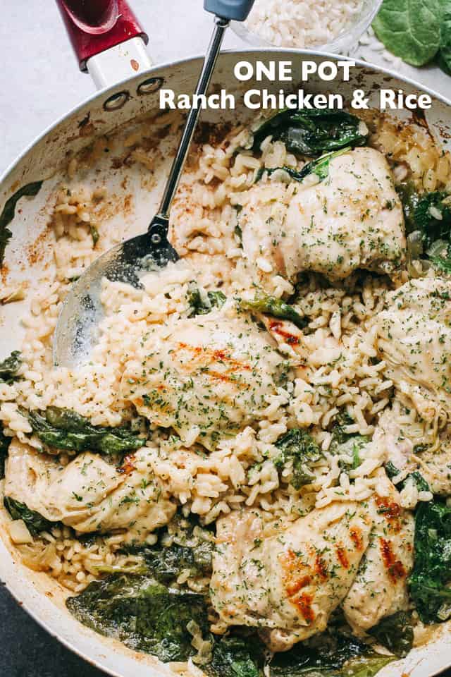 One Pot Ranch Chicken and Rice - Easy, quick, and delicious ranch flavored chicken cooked in one pot with rice and spinach.