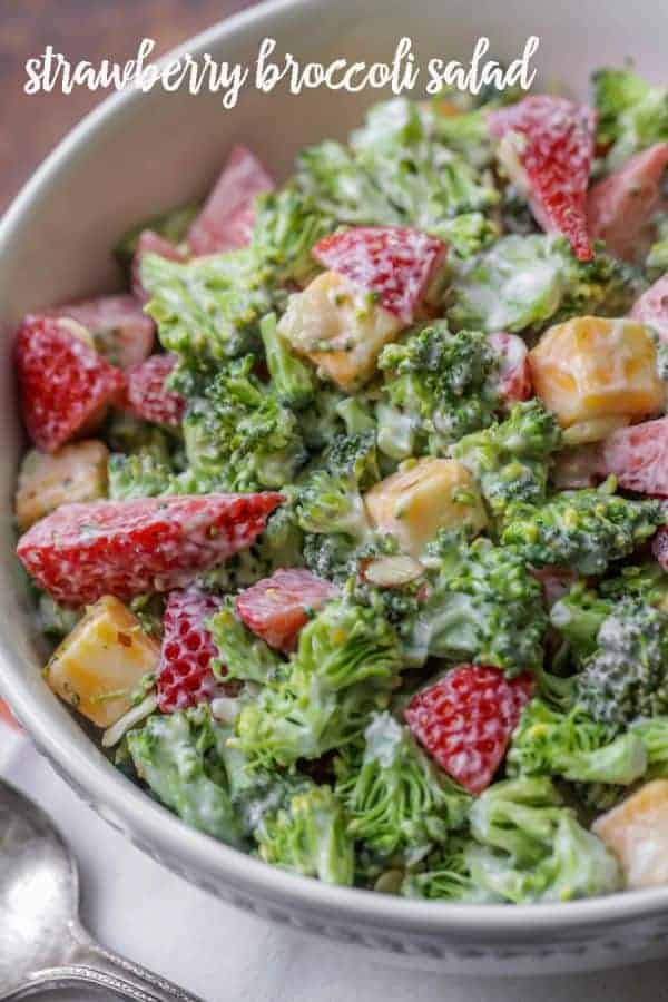 Top view of Strawberry Broccoli Salad in a serving bowl