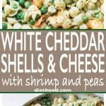 White Cheddar Shells and Cheese with Shrimp and Peas - Made with lightened up creamy white cheddar cheese sauce, pasta shells, and sweet peas, Shrimp Shells and Cheese puts a new spin on ordinary mac 'n cheese and the whole family will LOVE it!