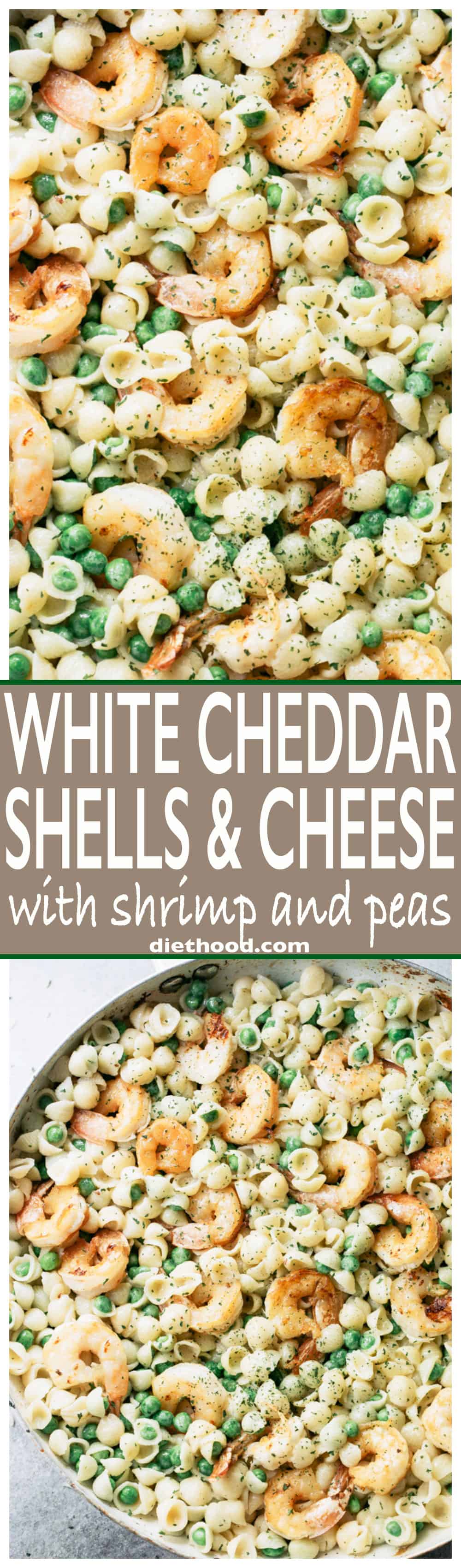White Cheddar Shells and Cheese with Shrimp and Peas - Made with lightened up creamy white cheddar cheese sauce, pasta shells, and sweet peas, Shrimp Shells and Cheese puts a new spin on ordinary mac 'n cheese and the whole family will LOVE it!