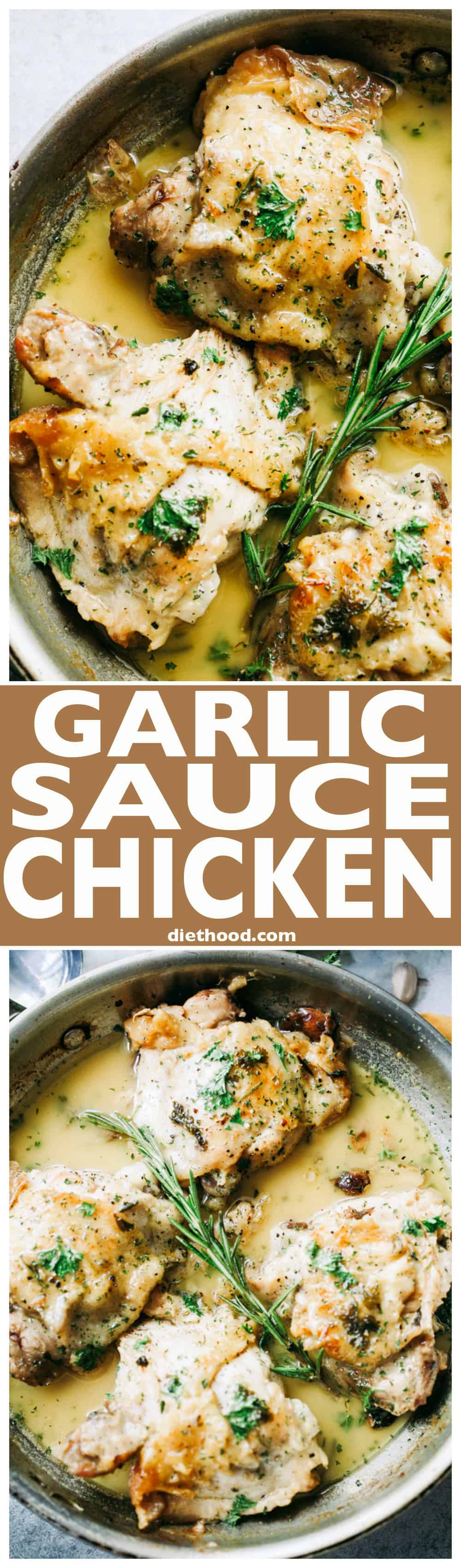 Garlic Sauce Chicken - Pan-seared chicken thighs prepared with an incredible wine and garlic sauce.