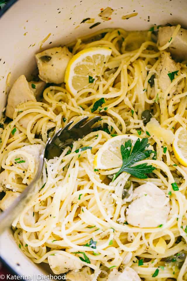 Scooping out Chicken Piccata Pasta