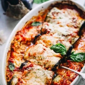 Baked Eggplant Rollatini in a baking dish.