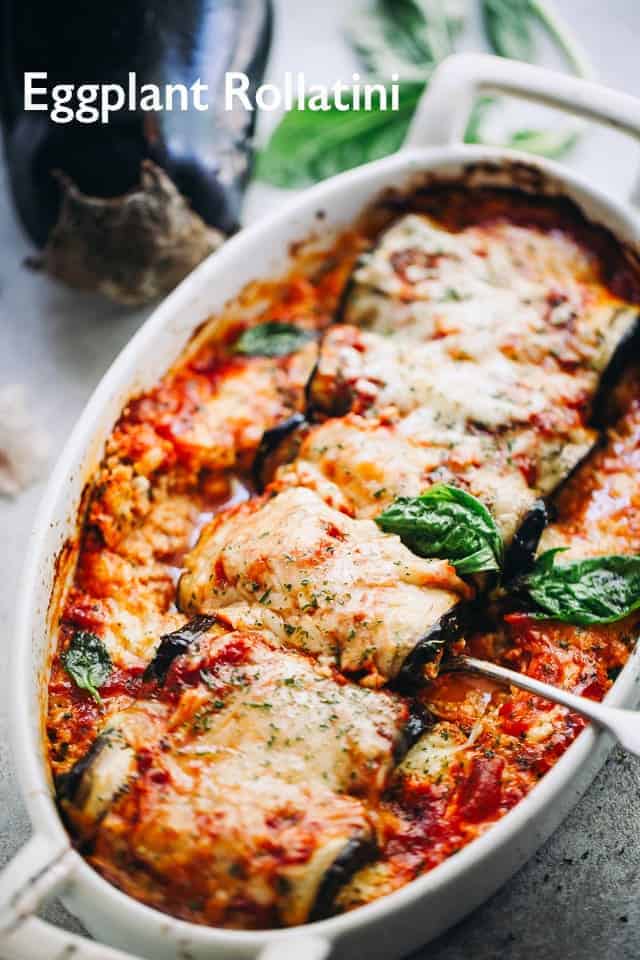 Baked Eggplant Rollatini in a baking dish.