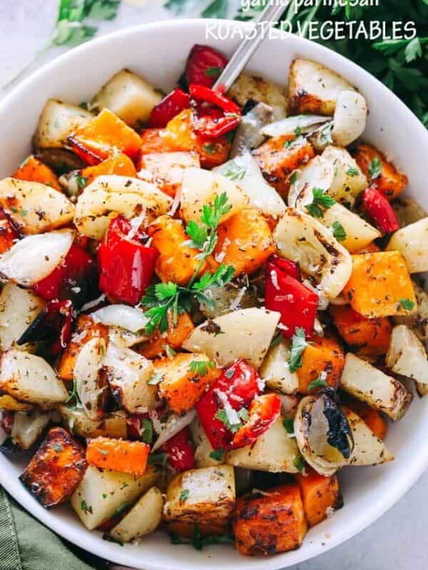 Garlic Parmesan Roasted Vegetables - Butternut squash, potatoes, peppers, and onions tossed in the best garlic parmesan dressing prepared with balsamic vinegar, herbs, seasonings, garlic, and olive oil.