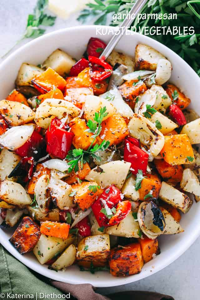 Garlic Parmesan Roasted Vegetables - Butternut squash, potatoes, peppers, and onions tossed in the best garlic parmesan dressing prepared with balsamic vinegar, herbs, seasonings, garlic, and olive oil.